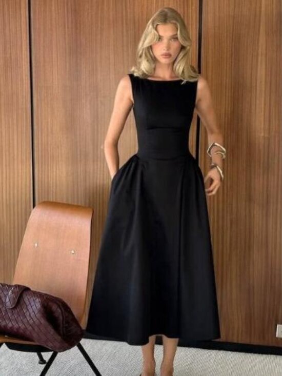 stretch cotton sateen midi dress in black helsa | Dresses | Helsa size-s-m-l_:S Color: Nero Women's Black Corset Detail